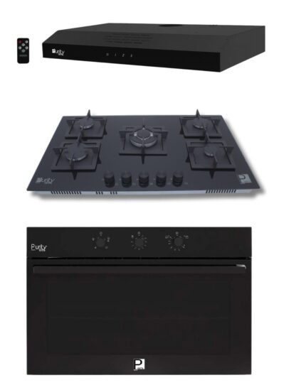 Purity 90cm built-in gas hob, 90cm gas oven, 90cm classic hood 450m3/h - PTSLIM PLUS BL 90CM + OPT903GG + HPT915G